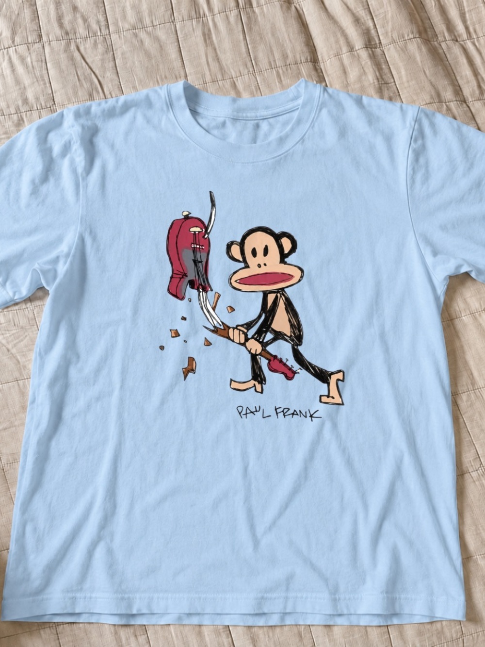 Light Blue Short Sleeve Tee with Monkey Graphic and Red Guitar